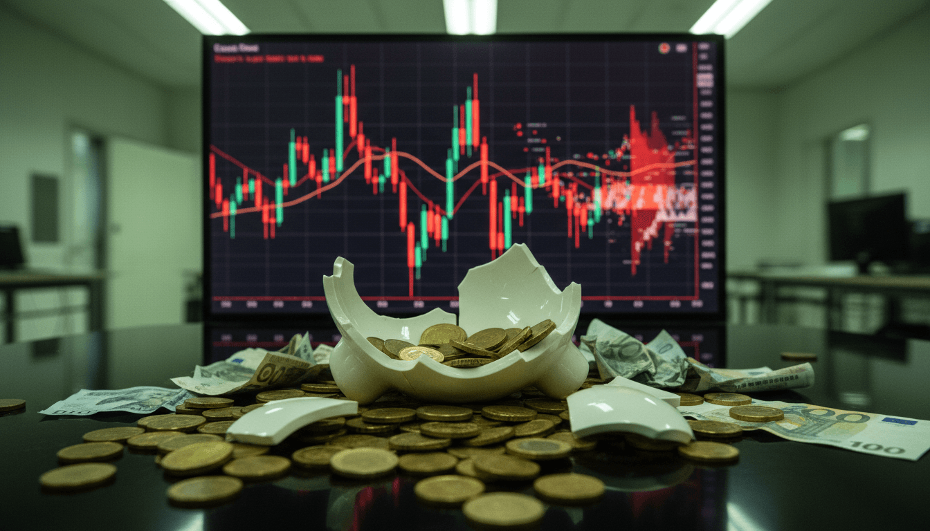 Conceptual image of a shattered piggy bank with money spilling out, overlaid with a distorted financial chart, symbolizing investment fraud and broken trust.