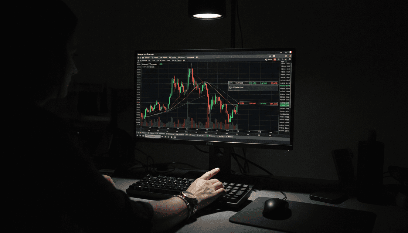 A hand manipulating stock charts on a computer screen, showing a downward trend in stock prices during market closing hours, with a French financial regulator logo subtly visible in the background.