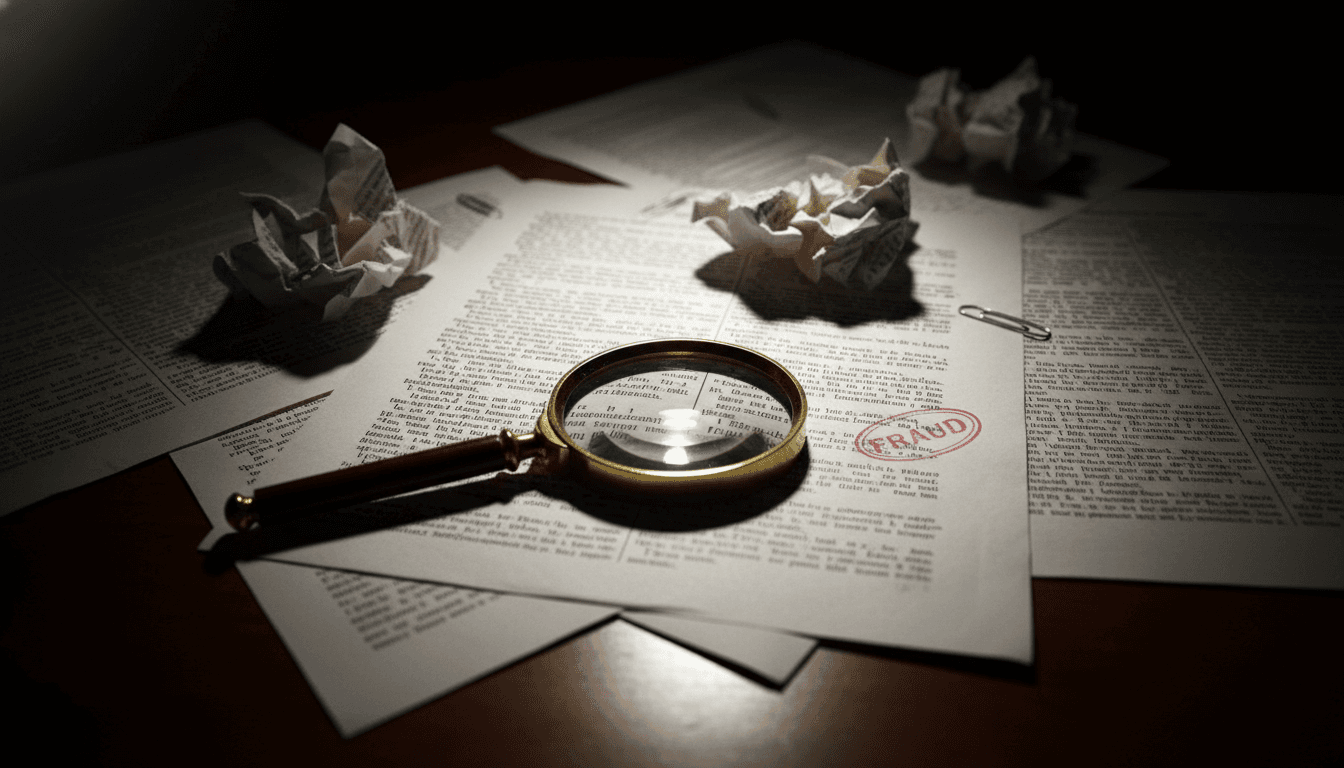 Close-up of legal documents with a magnifying glass, highlighting blurred financial figures and a stamp of 'Fraud'