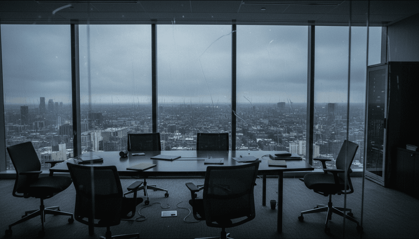 Empty, stark office of a financial advisory firm under a dark, stormy sky, hinting at the fallout of a major investment fraud.