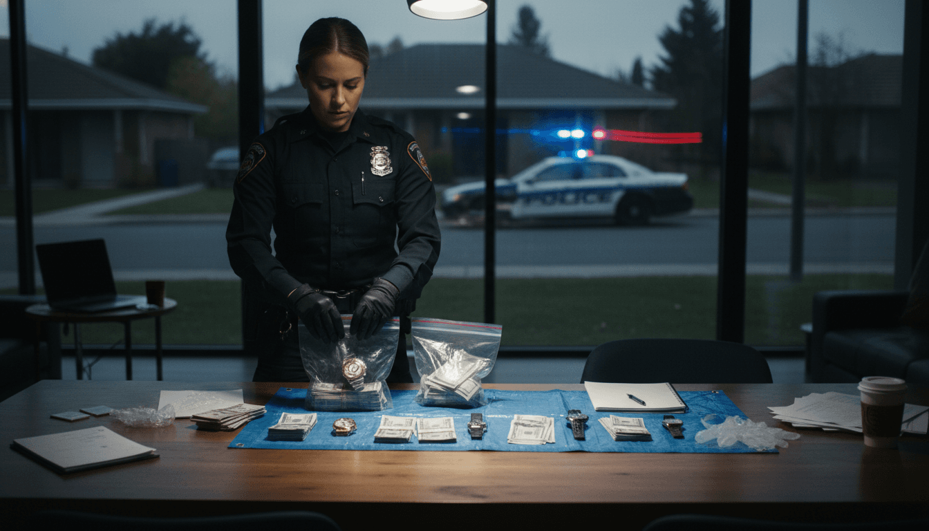 Police seizing luxury watches and cash from a residence, illustrating the aftermath of charity fraud.