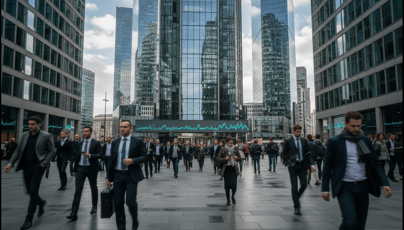 A candid street-level shot of a bustling financial district, with people in business attire walking past modern glass buildings, suggesting the hidden complexities of market activities.