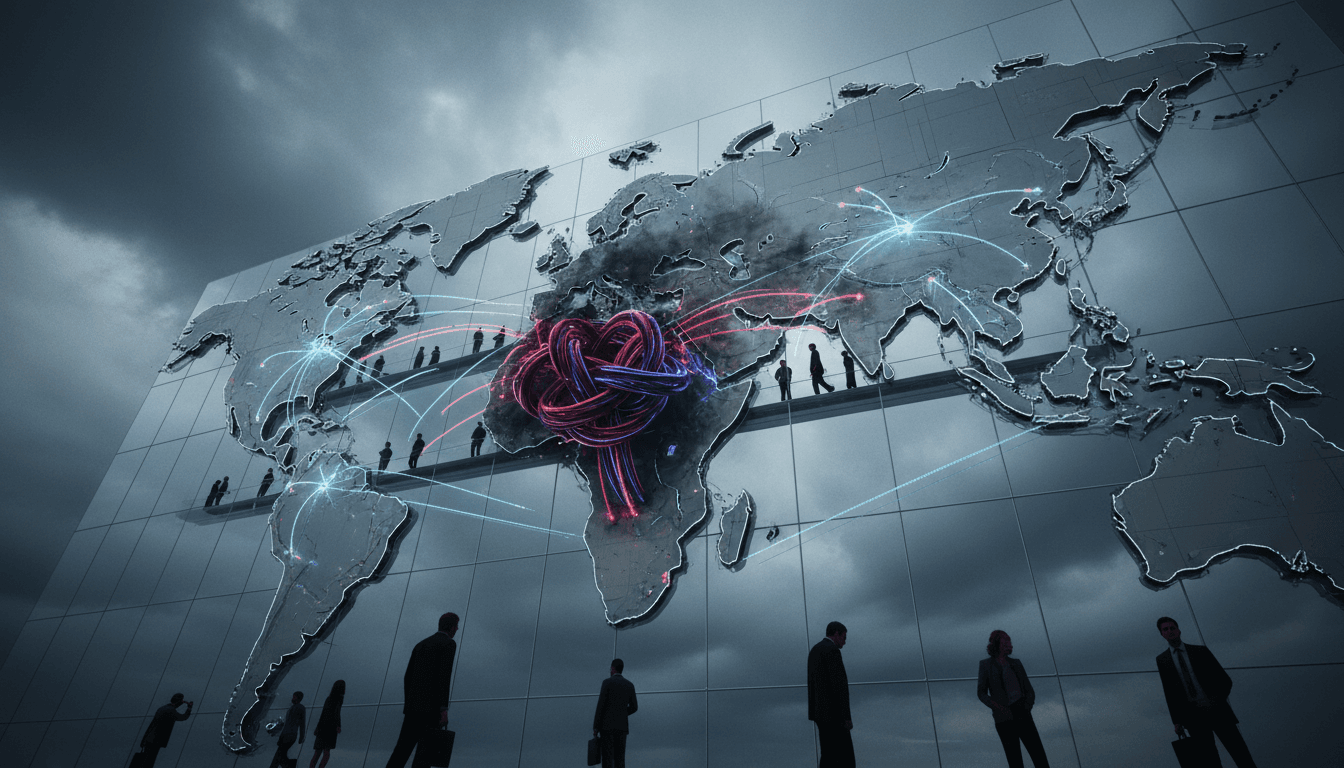 Conceptual image of a complex web of international financial transactions symbolizing money laundering, with a central figure in a network of global connections.