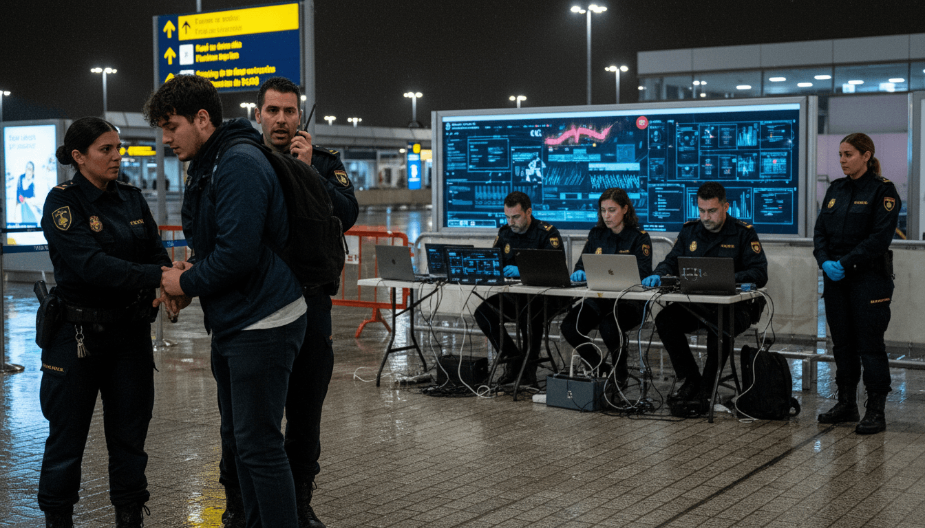 Spanish police arresting a young man, Tyler Buchanan, at a bustling airport gate, with a digital forensic team in the background examining devices.