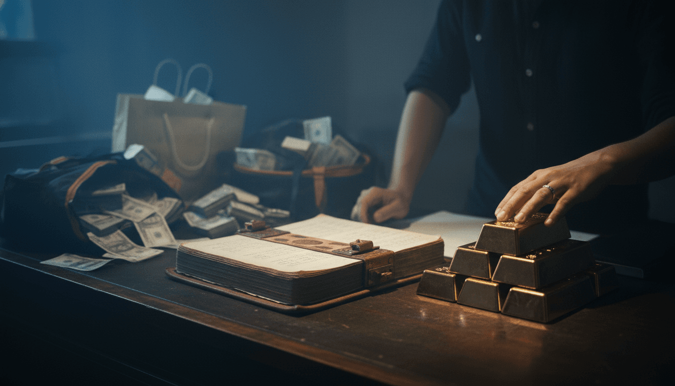 A stack of gold bars next to a ledger, with blurred cash in sports bags in the background, symbolizing money laundering through precious metals.