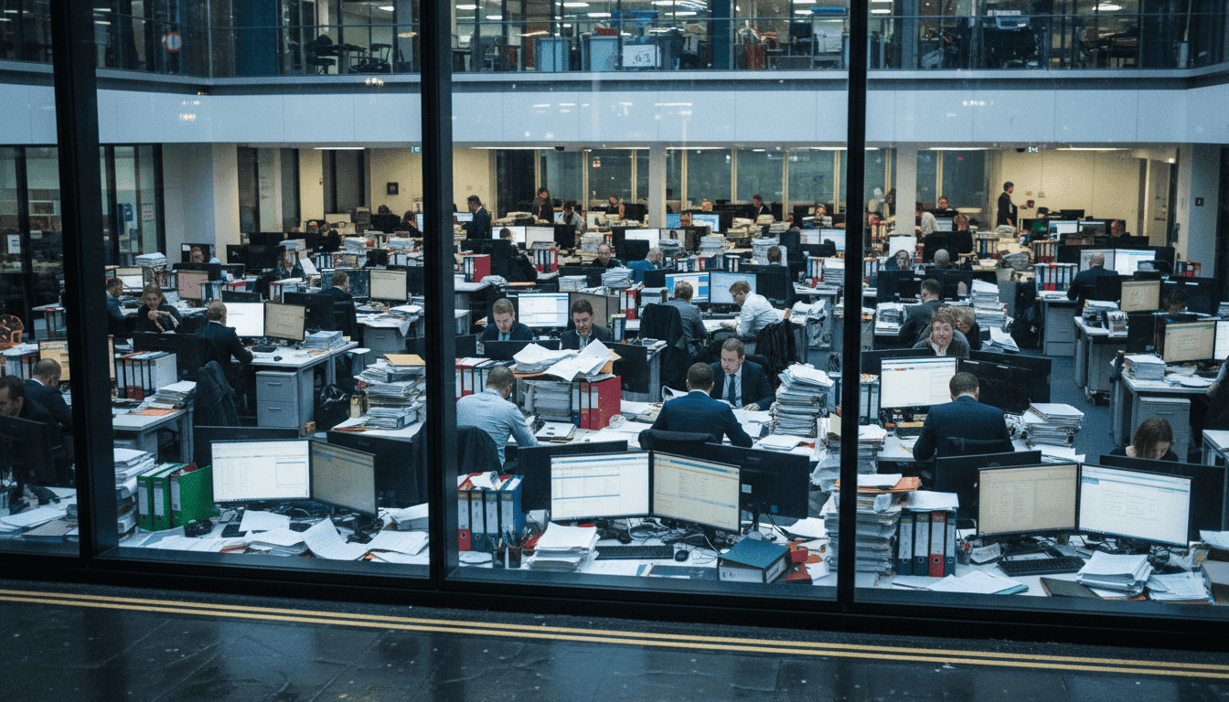 A wide environmental shot of a DWP office or processing center, with blurred figures of investigators examining stacks of documents and computer screens, indicating a large-scale fraud investigation.
