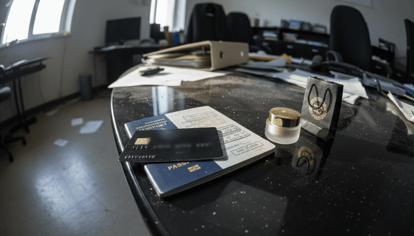 A collection of luxury items and travel paraphernalia, including a designer handbag, a passport, a high-end spa product, and a credit card, artfully arranged on a dark surface.