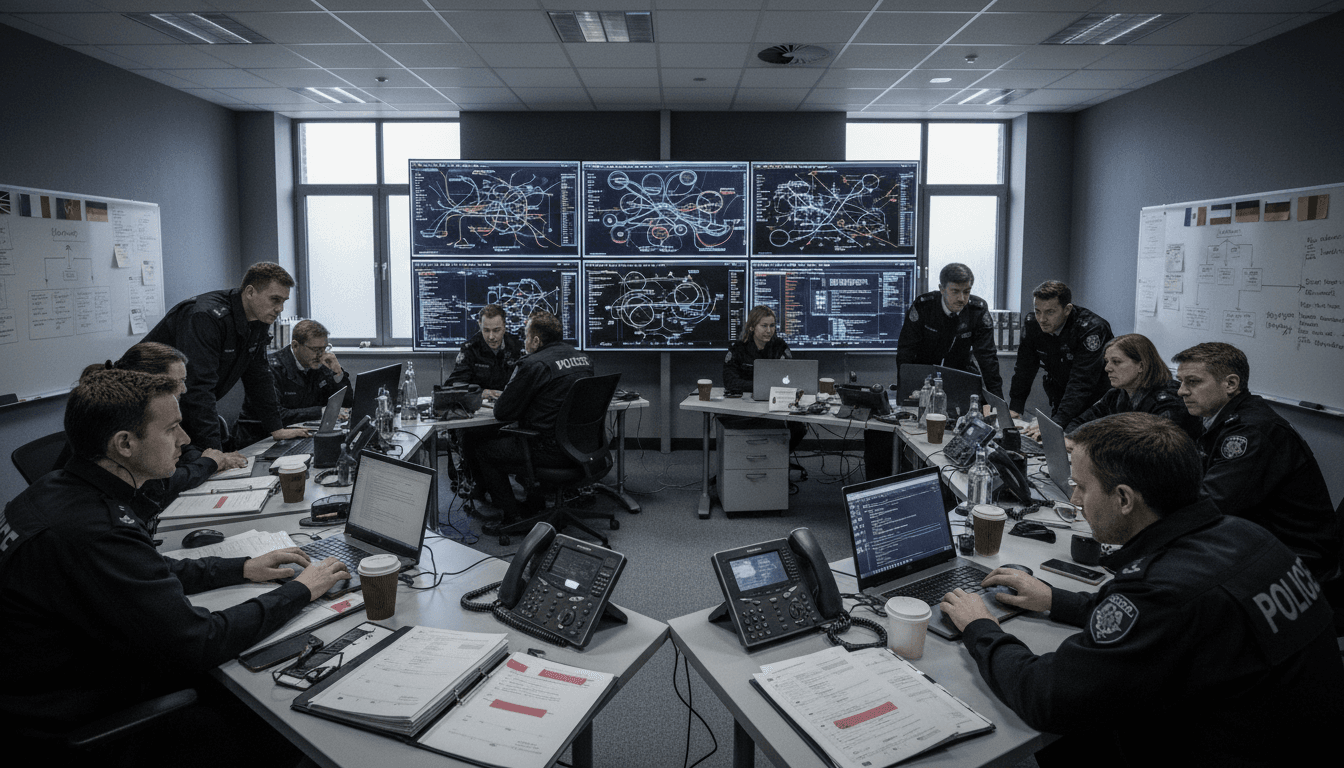 Emelie Carlström, Swedish police investigation leader, stands amidst a backdrop of digital evidence screens and international police agency logos, representing her role in dismantling a complex phone scam.