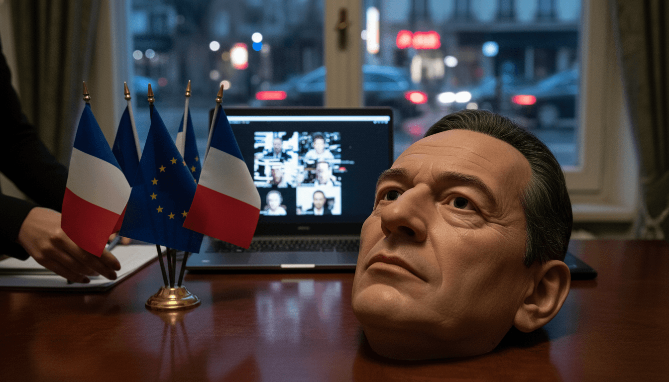 A silicone mask of a government official lying on a desk next to French and European flags, with a laptop screen showing a blurred video call in the background.
