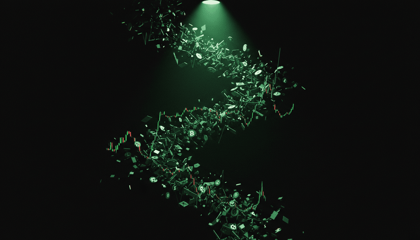 An abstract visual representation of financial fraud, with distorted digital currency symbols and fragmented financial charts appearing to dissolve into a dark, swirling vortex, symbolizing missing funds and corporate collapse. The scene is bathed in an eerie, green digital glow, reflecting the tech nature of Wirecard.