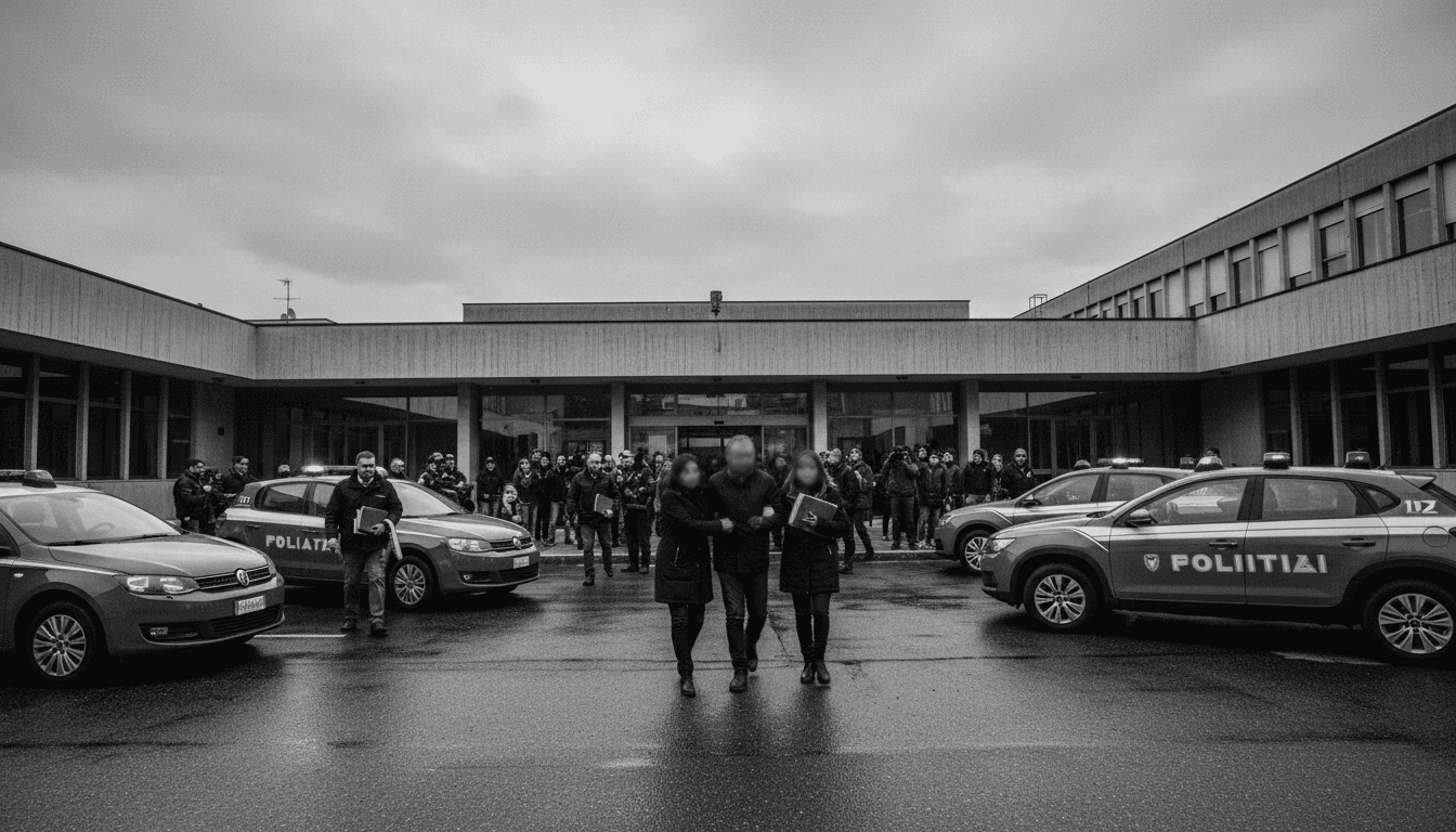 Police officers arriving at a councilor's office building in Latina, Italy, with official vehicles and flashing lights, indicating an arrest.