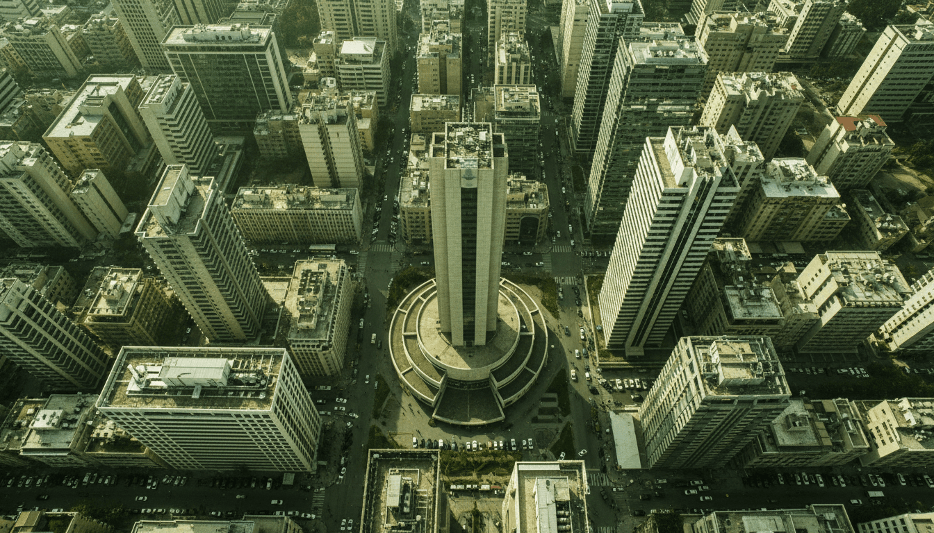 Aerial view of Beirut's financial district with the central bank building prominently featured, surrounded by modern high-rises and a bustling city.