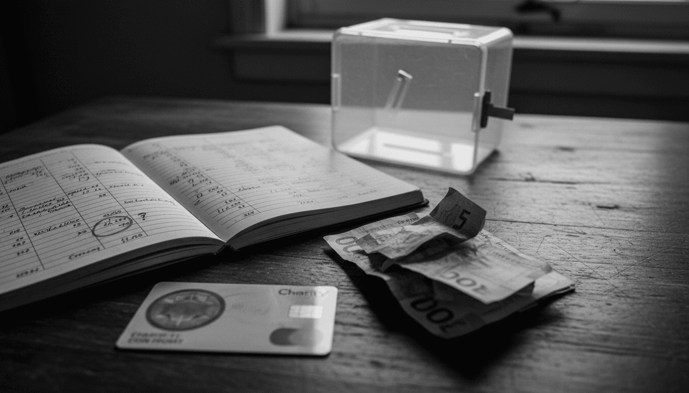 A collection of objects representing charity fraud: a credit card with a blurred charity logo, scattered small bills, a ledger open to a page with suspicious entries, and a small, empty donation box.
