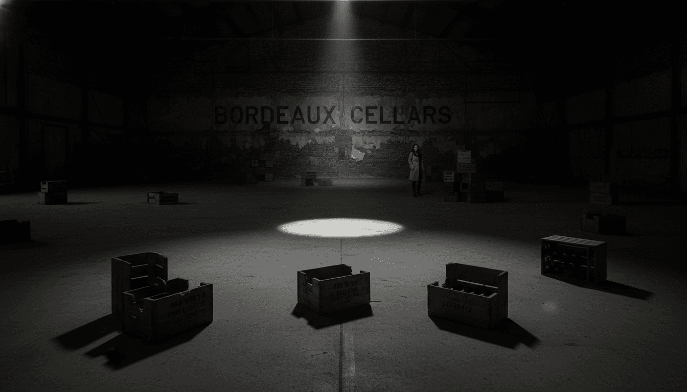 Empty wine warehouse with scattered crates and a prominent 'Bordeaux Cellars' sign, hinting at a fraudulent scheme.