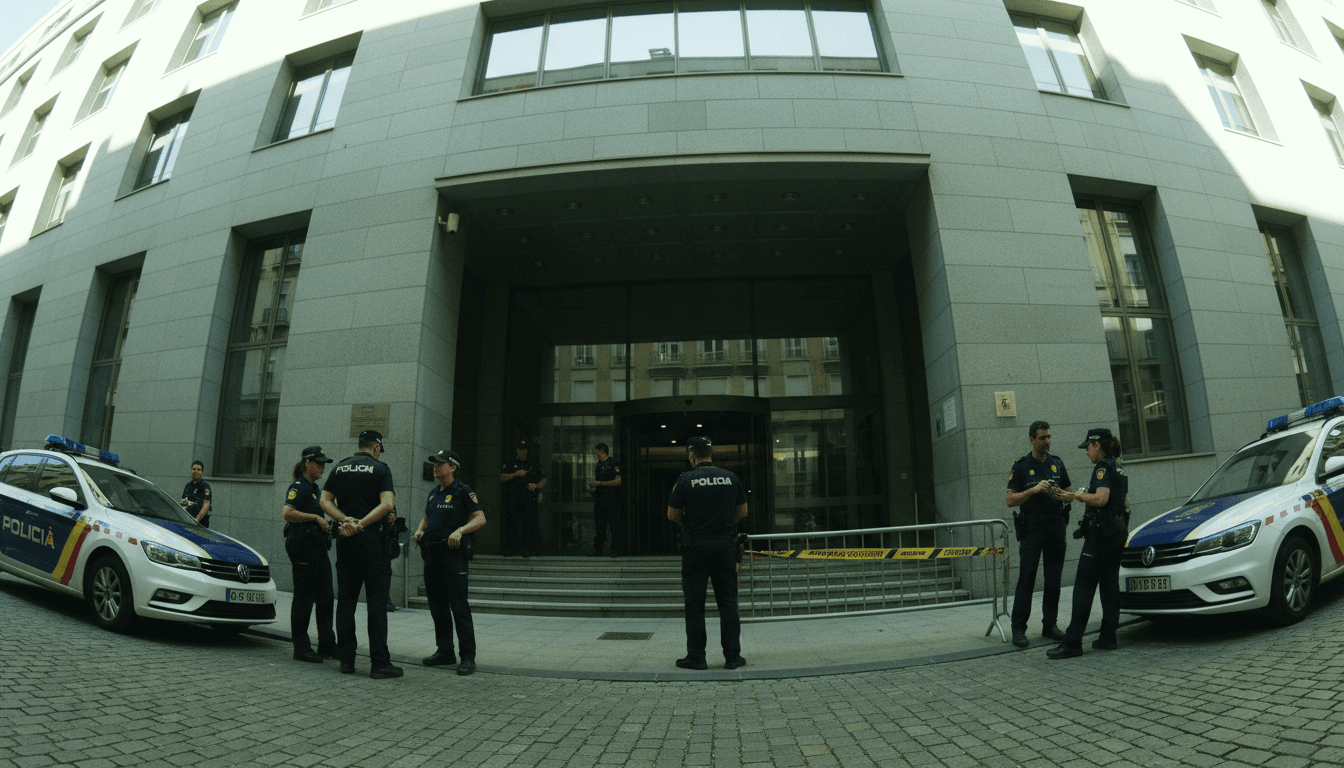 Police officers outside a public administration building in Spain, with official vehicles and caution tape, indicating a raid or investigation.