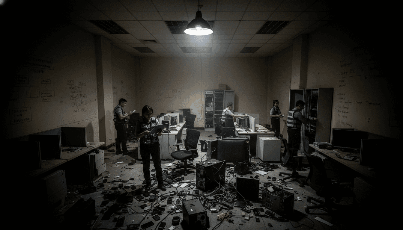 Ransacked office interior of a Southeast Asian scam compound with scattered electronic devices and desks, symbolizing a raided fraud operation.