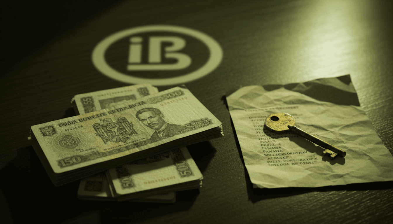 A still life composition featuring a stack of old Moldovan Lei banknotes, a blurred image of a banking institution's logo, a crumpled shell company document with offshore addresses visible, and a small, tarnished golden key, symbolizing control and illicit wealth. The items are arranged on a polished, dark wood surface.