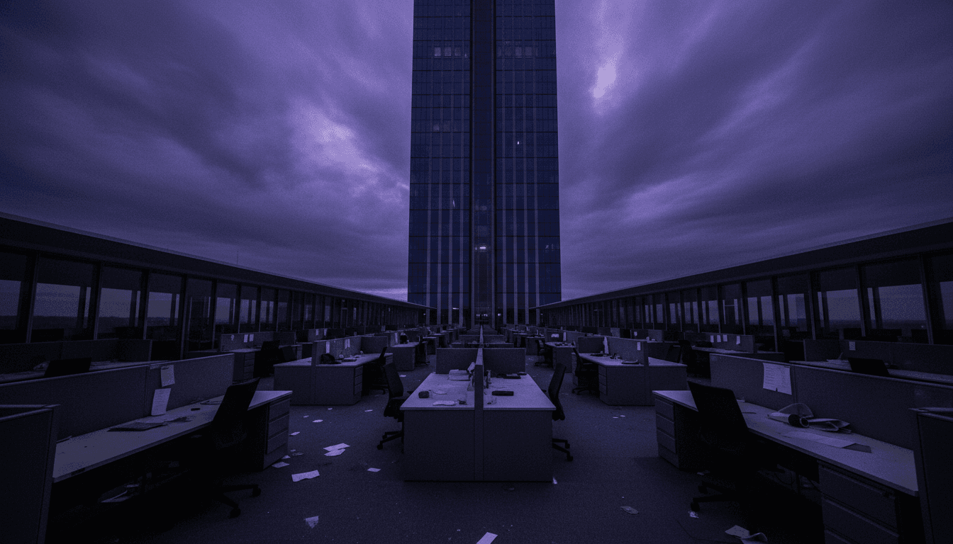 A dimly lit, empty office building at dusk, symbolizing the deserted aftermath of a large-scale financial fraud operation.