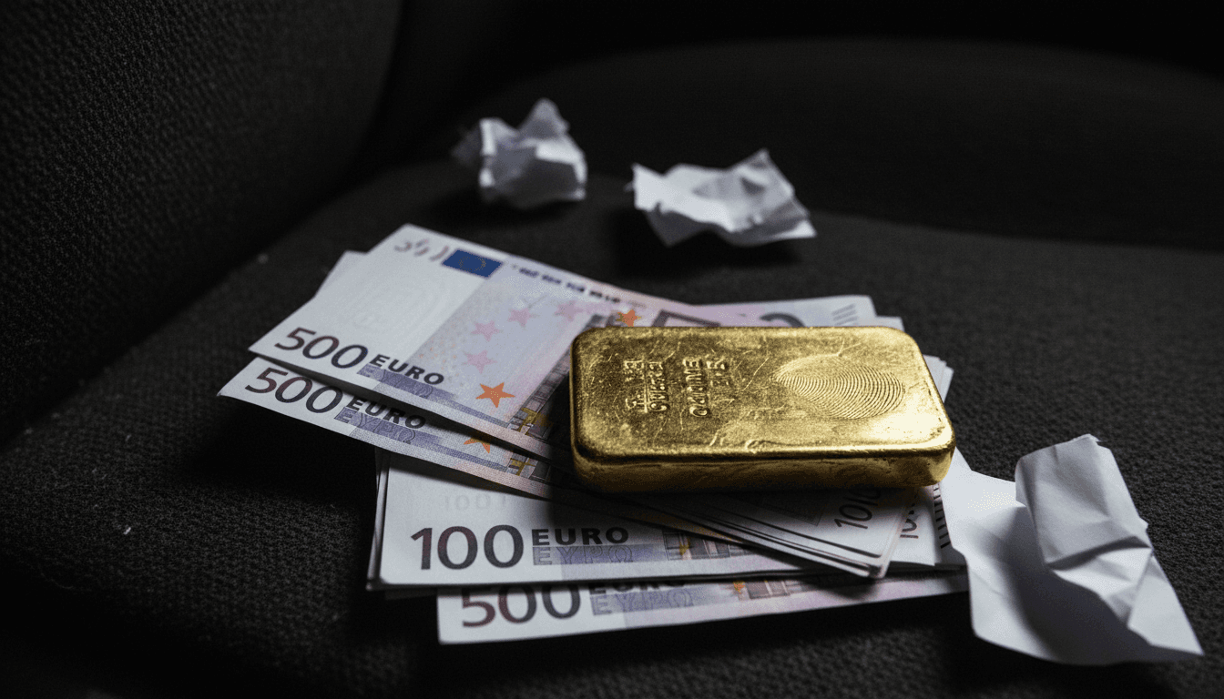 Close-up of a gold bar with faint fingerprints, resting on a stack of euro and franc banknotes, partially obscured by a dark, textured fabric, symbolizing illicit wealth and concealment.