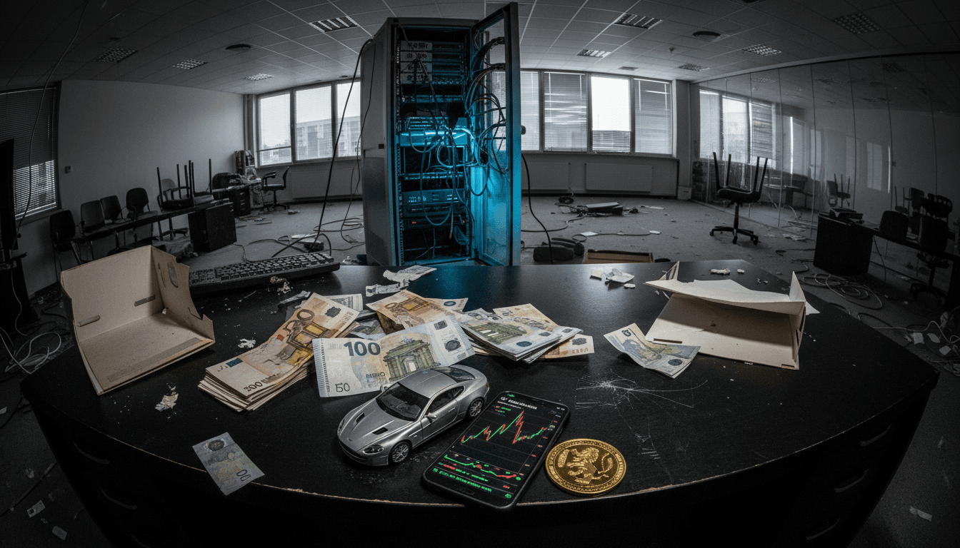 A still life composition featuring a stack of euro banknotes, a small luxury car model, a gold coin, and a smartphone displaying a cryptocurrency chart, all arranged on a dark, polished surface, suggesting the assets and digital nature of the fraud.