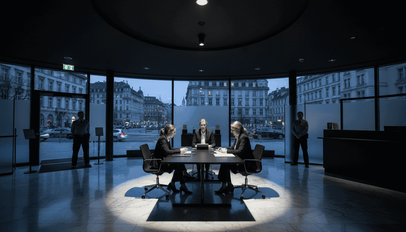 Wide environmental shot of a modern, sleek banking lobby in Switzerland, with large glass windows overlooking a city, reflecting the complex, global nature of financial transactions and fraud investigations.