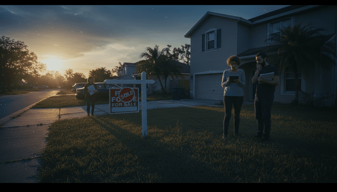 A close-up, street-level candid shot of a 'For Sale' sign outside a modest residential property, with a 'Sold' sticker hastily slapped over it, hinting at a fraudulent real estate investment transaction. The sign is slightly weathered, standing against a backdrop of blurred suburban homes under a bright Florida sun.