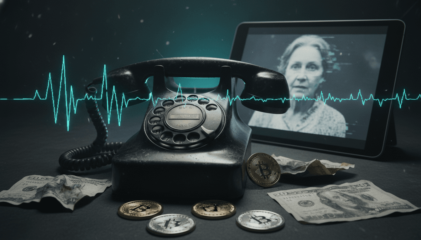 A detailed still life composition representing the AI Deepfake Fraud Ring, featuring an antique rotary phone with a glowing, distorted waveform emanating from its receiver, surrounded by scattered, slightly crumpled banknotes and a digital tablet displaying a blurred image of an elderly person. A subtle, futuristic glow emanates from behind the phone, suggesting AI technology.