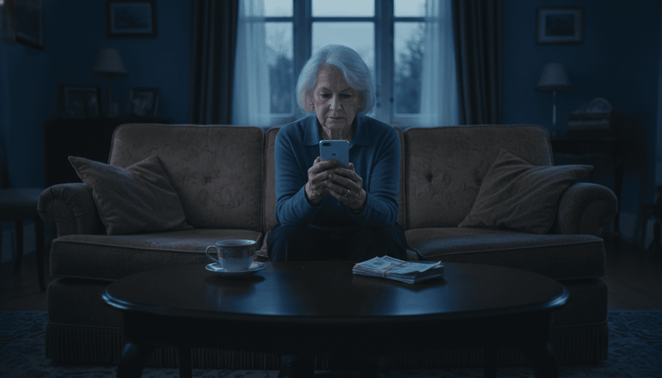 A close-up of a smartphone screen displaying a dating app profile with a blurred background, symbolizing the digital nature of devastating romance scams.