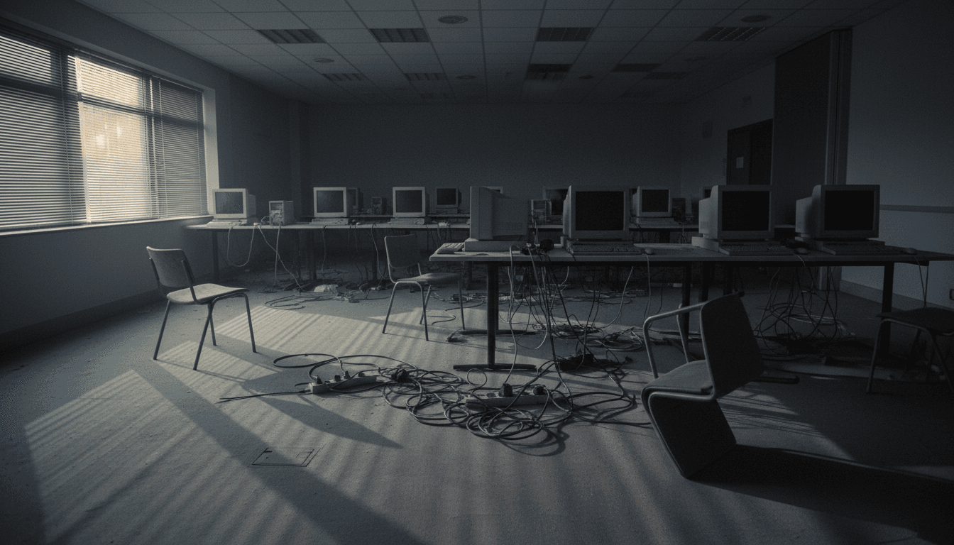 A dimly lit hotel room with numerous empty computer workstations, wires trailing, and a single abandoned chair, symbolizing the recent bust of overseas cyber scam networks.