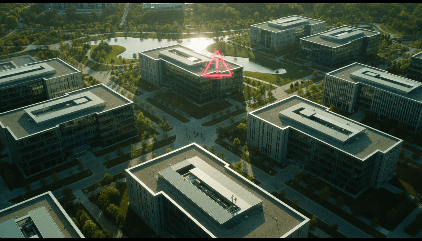 An aerial view of a bustling corporate campus, subtly hinting at the scale of operations, with a red alert overlay symbolizing the exposure of a fake Infosys CSR funds scam.