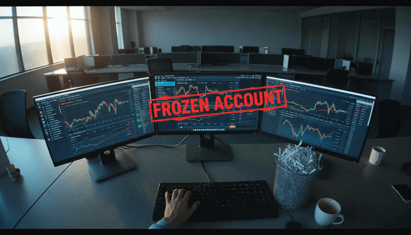 A digital screen displaying a cryptocurrency trading interface with 'FROZEN ACCOUNT' overlay, illustrating the impact on Cambodia crypto scammers.