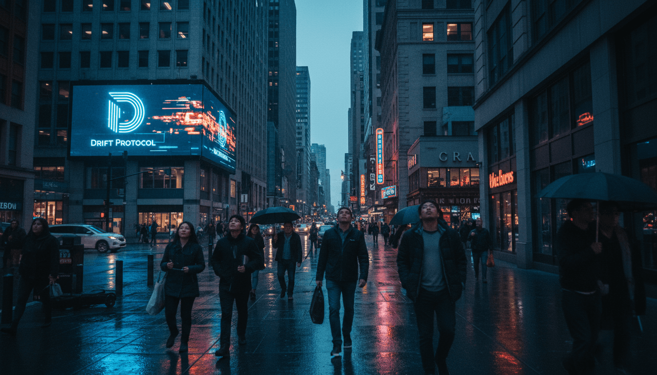 A street-level candid shot of a bustling financial district, with a digital billboard in the background displaying 'Drift Protocol' and a flashing 'Exploit Alert' message.