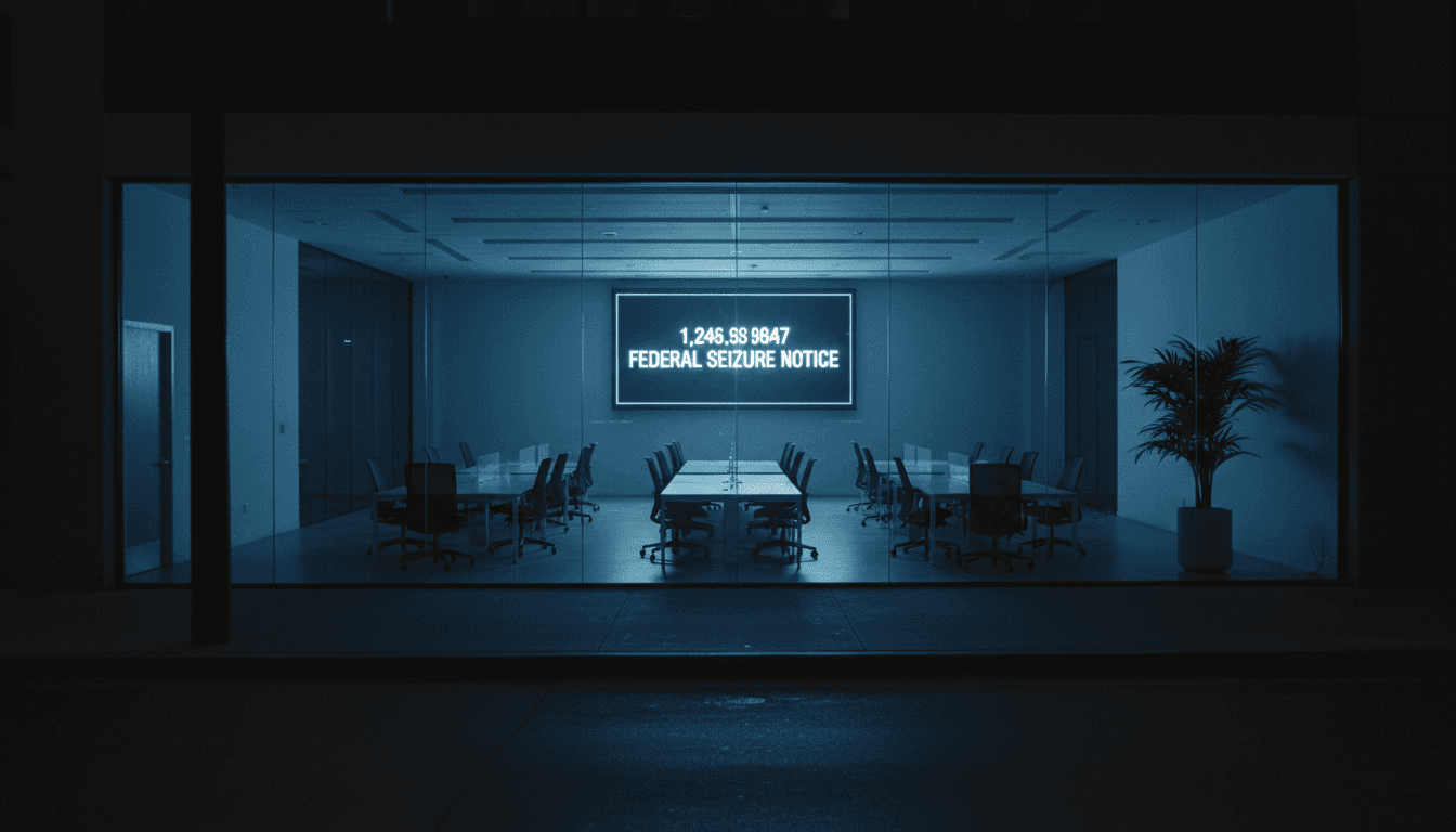 An empty, sleek modern office space with a large digital dashboard displaying frozen account balances and a federal seizure notice, symbolizing the devastating fintech investment fraud.