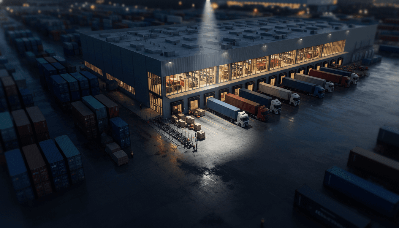 An aerial view of a bustling online fulfillment center with stacks of boxes, some labeled with luxury brand names, and a few shipping containers in the background, subtly hinting at the global distribution of fake Asian handbags.