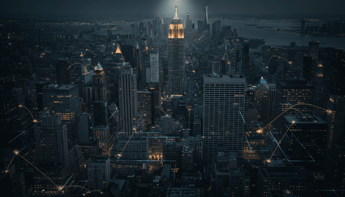 Aerial view of New York City skyline at dusk, with digital network lines overlaying financial districts, highlighting how AI amplification reshapes crypto compliance landscape.