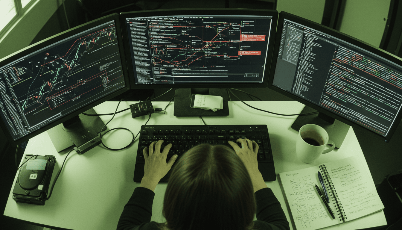 A digital forensic investigator at a computer screen, tracing blockchain transactions related to a cryptocurrency fraud.