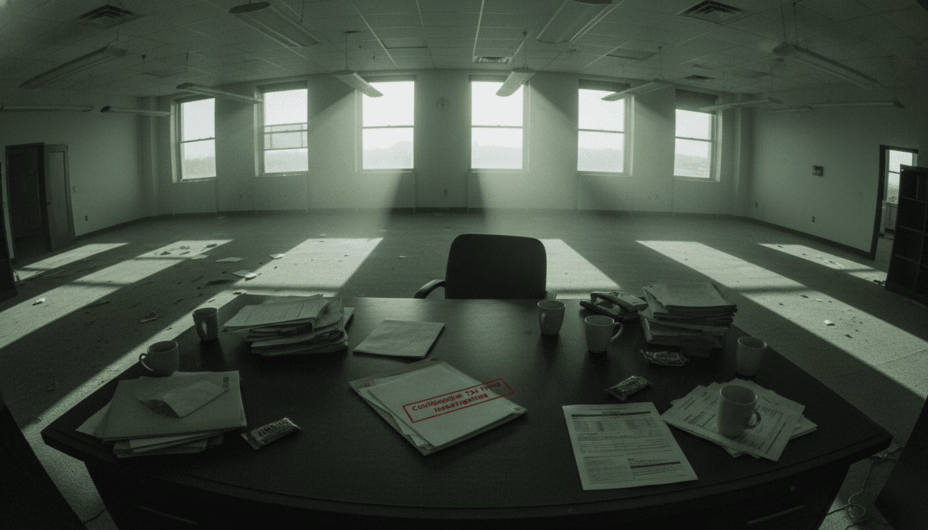 Federal agents' documents scattered on a desk with a 'million-dollar tax refund theft scheme' case file on top, under a cold, grey dawn light.