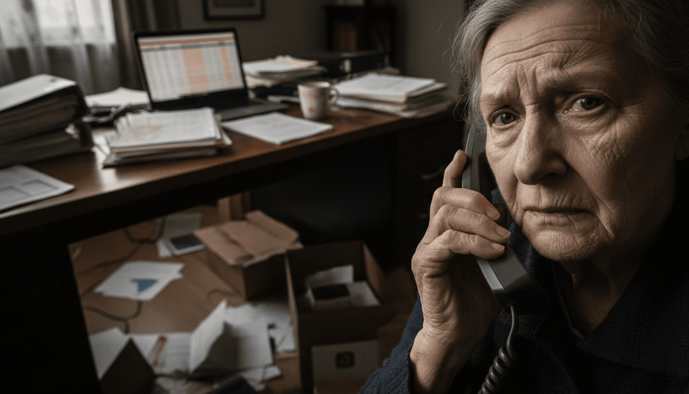 A senior man looking distressed, holding a phone, with a blurred background of official-looking documents and a computer screen displaying 'devastating elder fraud' warnings.