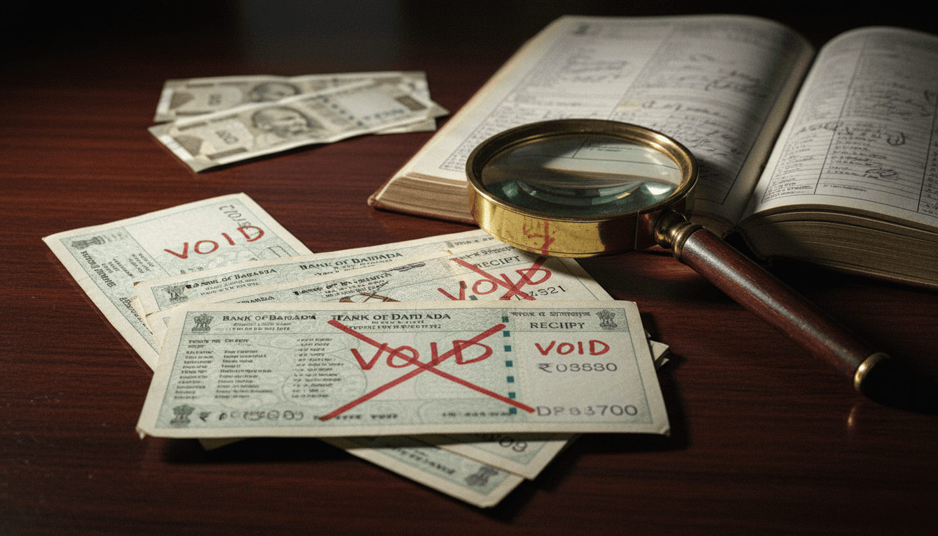 A stack of Bank of Baroda term deposit receipts (TDRs) on a polished wooden desk, some with visible 'VOID' stamps or red ink annotations, next to a magnifying glass and a ledger opened to a page showing irregular transactions, symbolizing the Rs 52 lakh bank fraud investigation.