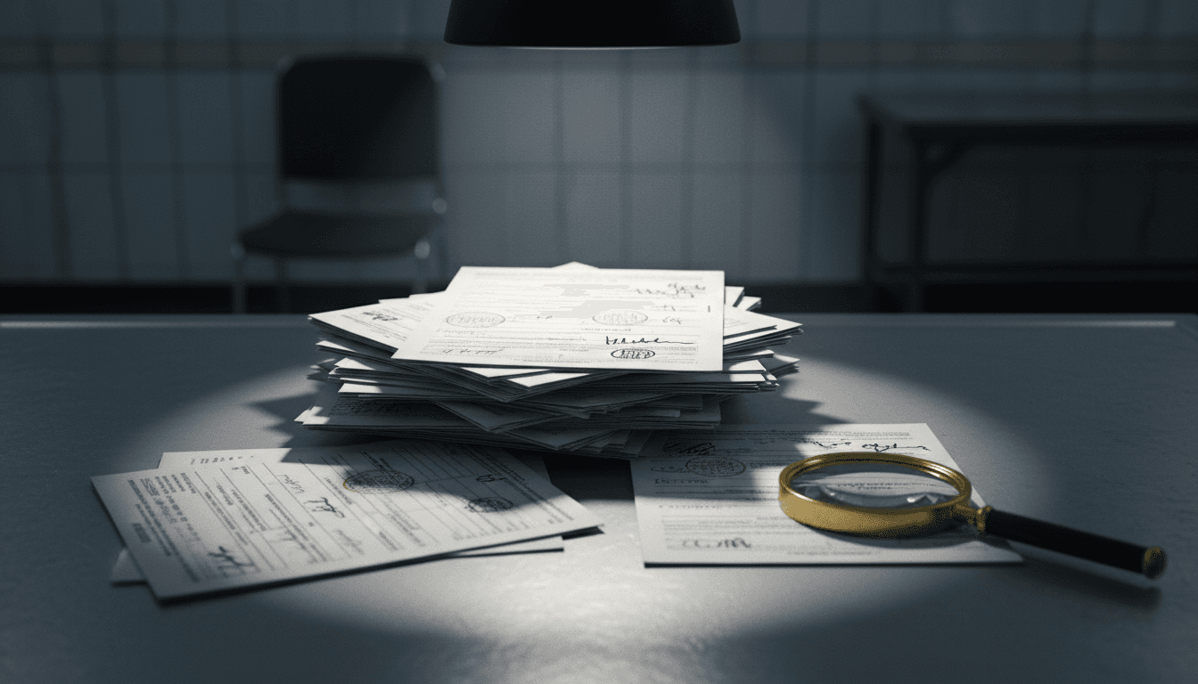 A close-up of a stack of official-looking medical documents with forged stamps and signatures, symbolizing the Jaipur Hospital Owner Arrested for RGHS Fraud.