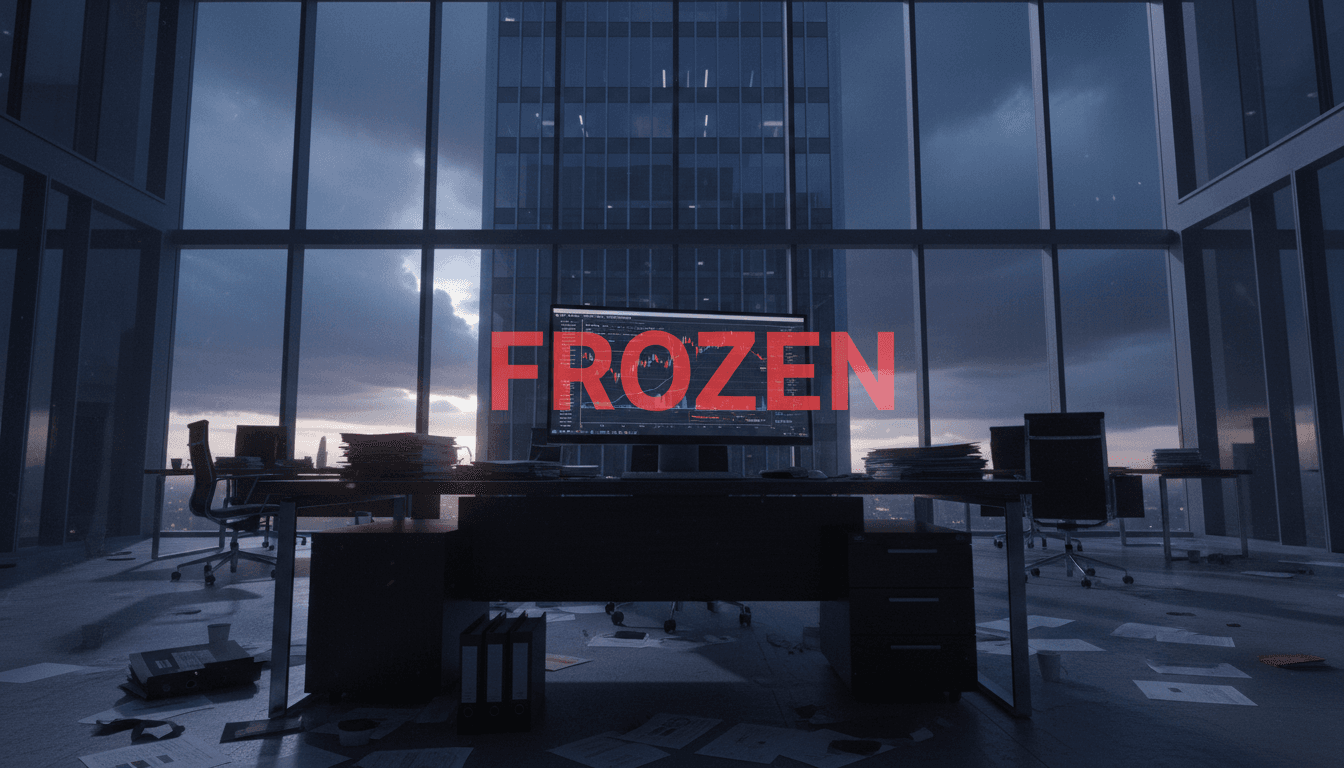 A digital representation of frozen bank accounts on a monitor, with a blurred background of a deserted, modern financial office at dawn, symbolizing the aftermath of OneCoin compensation and investigations.