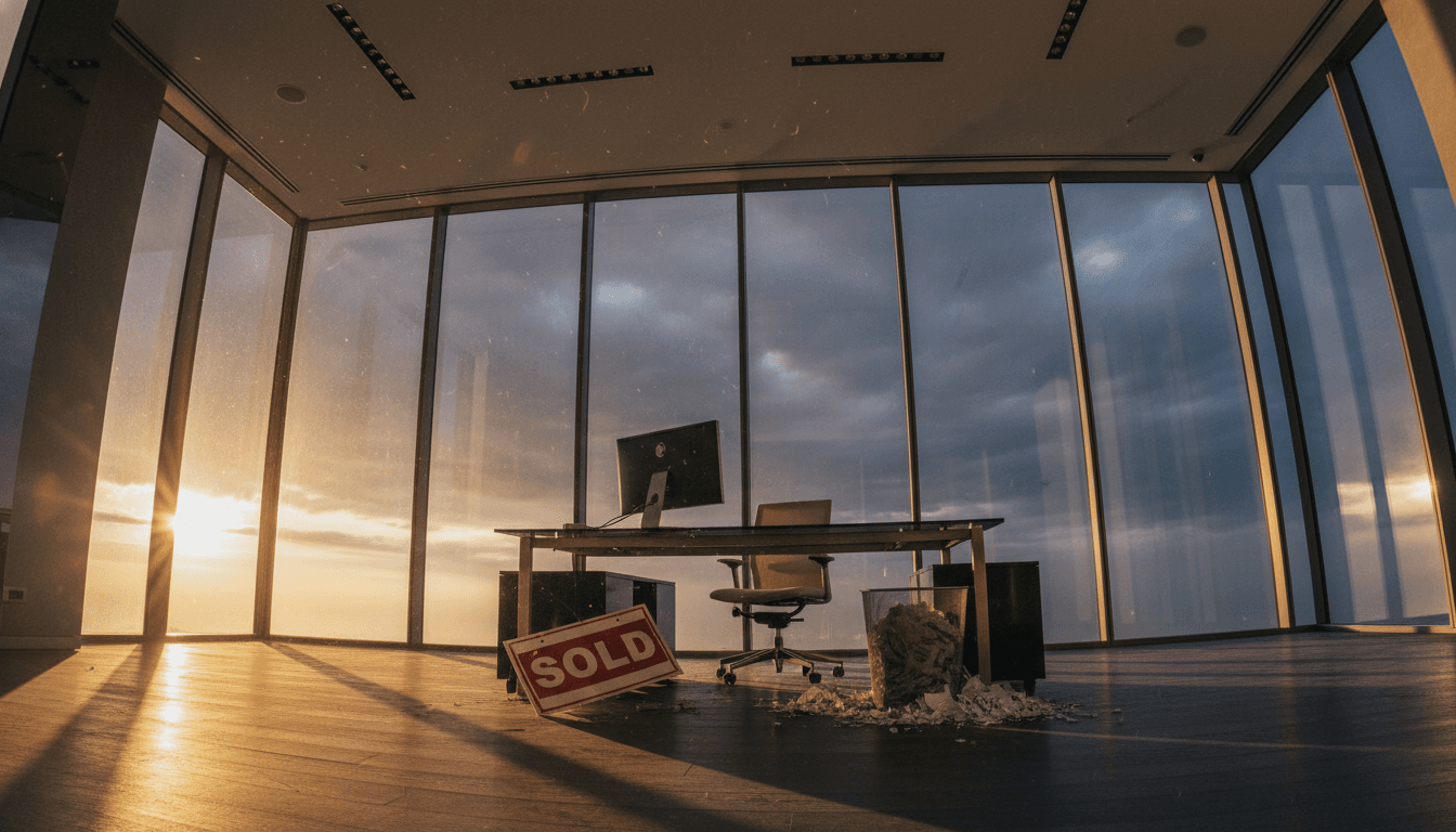 An empty, dimly lit luxury real estate office with a 'Sold' sign on a desk, representing the collapse of a real estate finfluencer Ponzi scheme.