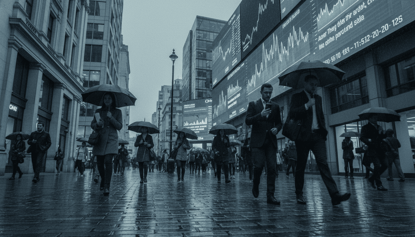A street-level candid shot of a busy financial district with digital billboards displaying cryptocurrency market data, subtly hinting at the underlying Paxful criminal transactions.
