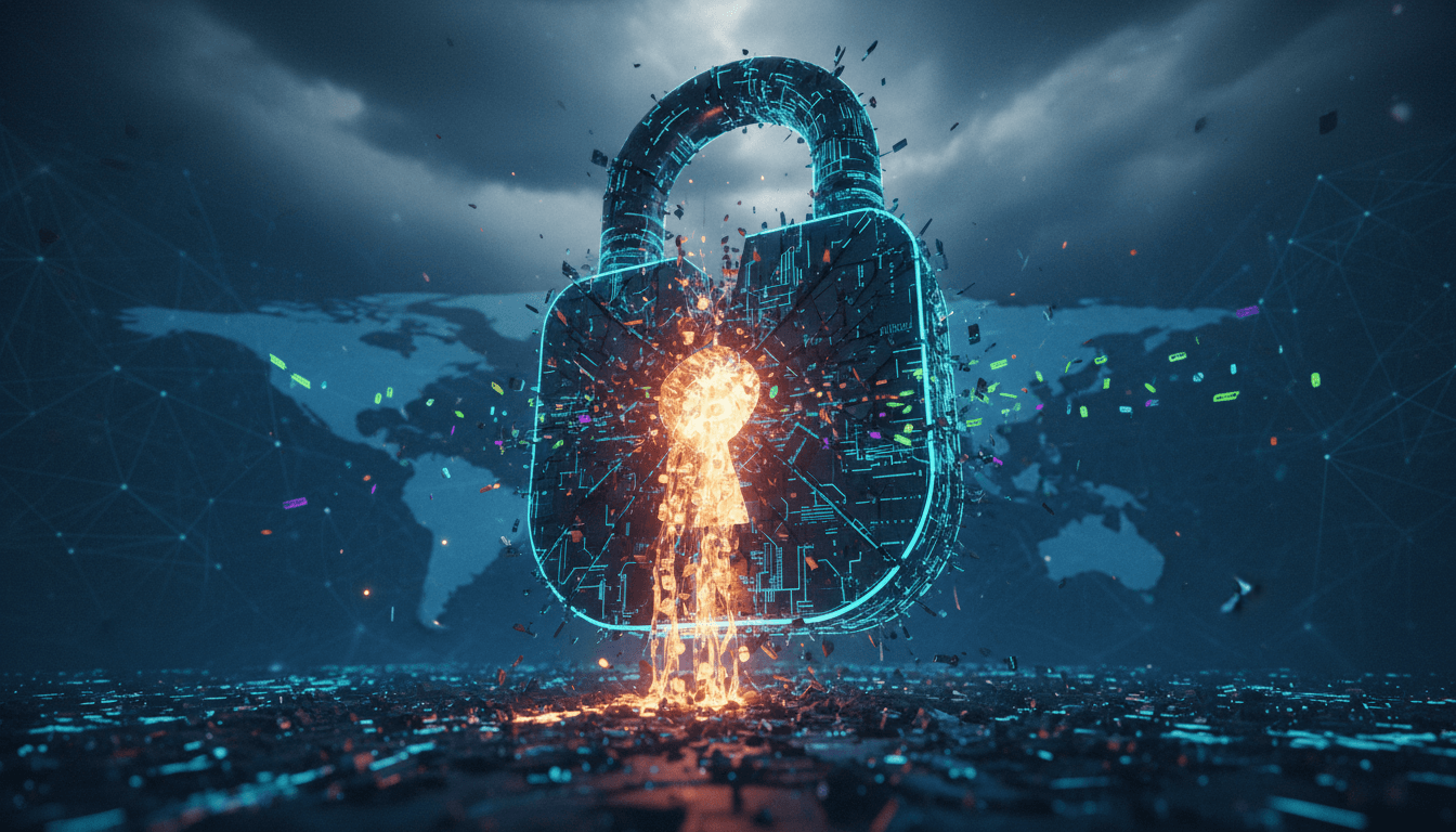 Digital currency symbols and glowing network lines converging on a padlock, symbolizing a virtual currency heist and cybersecurity vulnerabilities.