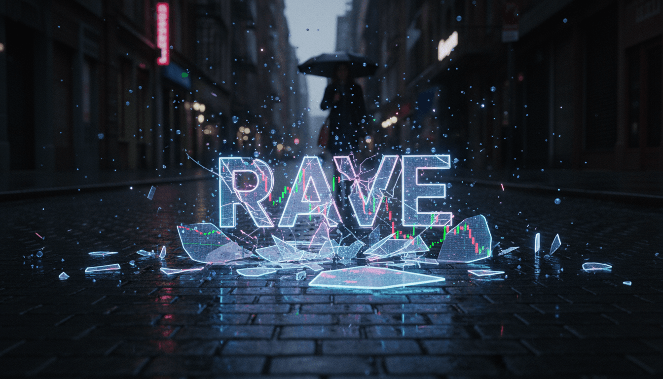 A close-up of a broken RAVE token symbol, symbolizing the RaveDAO pump-and-dump accusations and its value crash.