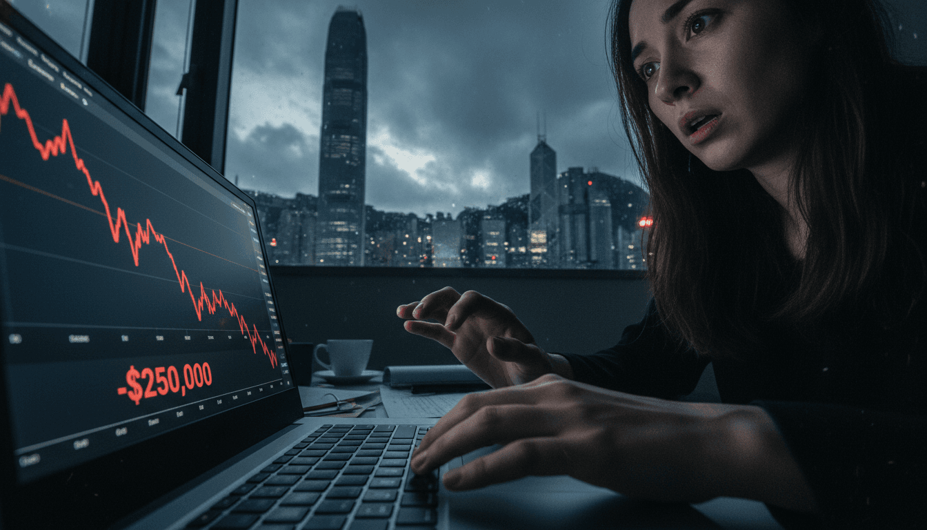 A Hong Kong woman sits at a desk, looking distraught at a computer screen displaying a crypto trading interface with a negative balance, illustrating the loss from a crypto scam.