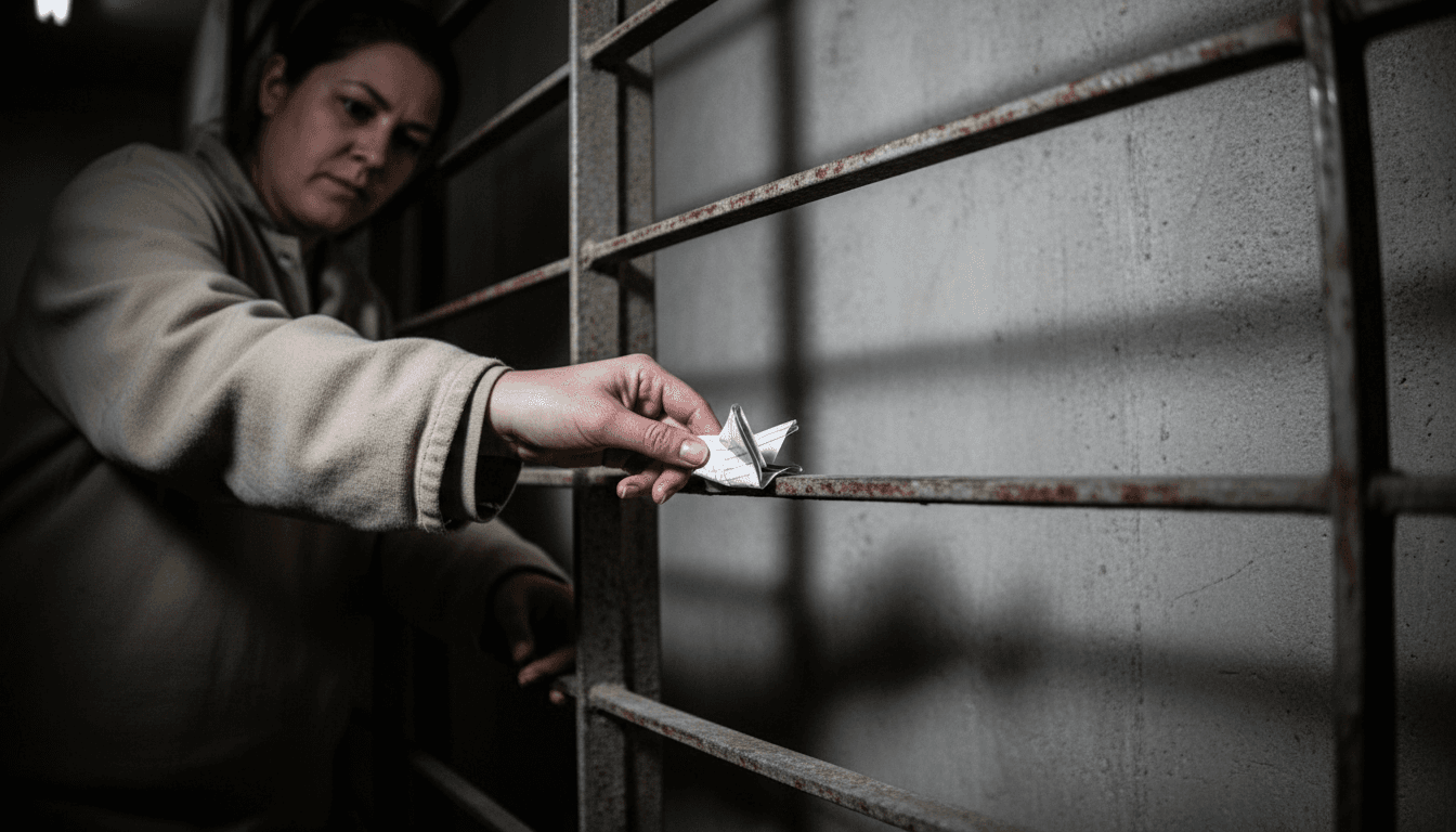 A hand in a prison uniform subtly passing a small, folded note to another hand through cell bars, symbolizing the illicit communication central to the prison drug, money laundering ring.