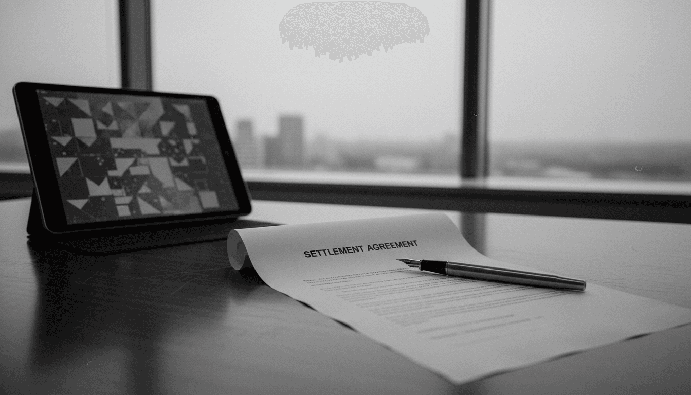 A close-up shot of a legal document titled 'Settlement Agreement' with a pen resting on it, next to a faded digital screen displaying fragmented data, symbolizing the Rhode Island cyber breach resolution.