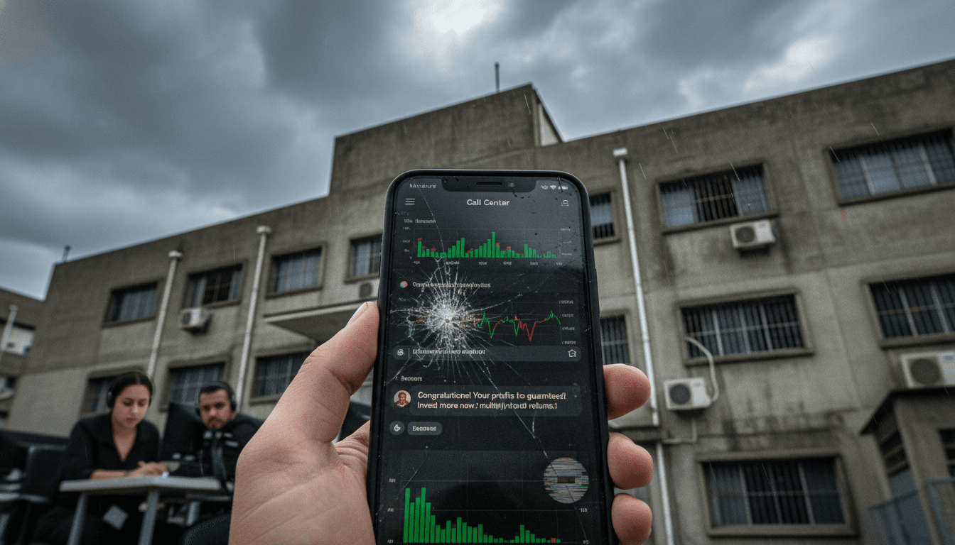 A close-up shot of a smartphone screen displaying a fake investment app interface with fabricated green charts and figures, overlaid with a chat window showing a deceptive romantic message. The screen is slightly cracked, symbolizing broken trust, and the background is blurred, suggesting a cluttered call center environment. Melaka raids dismantle scam operations.