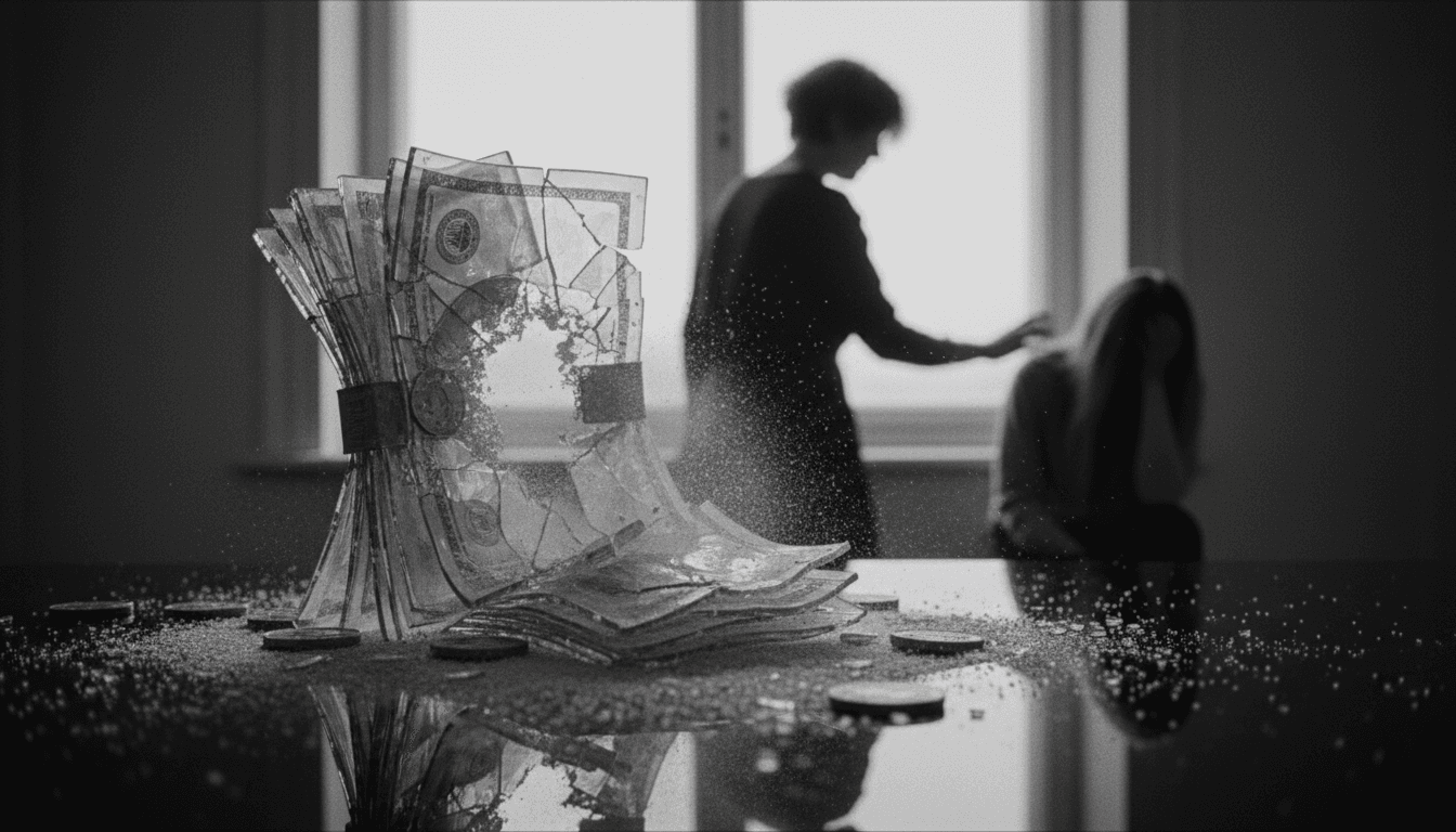 A stylized, abstract representation of shattered trust and disappearing wealth, symbolizing Burt Marshall's $90 million fraud scheme.